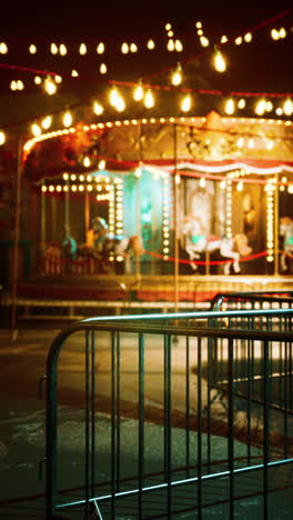 a carousel at night, with christmas lights and a barrier in the foreground