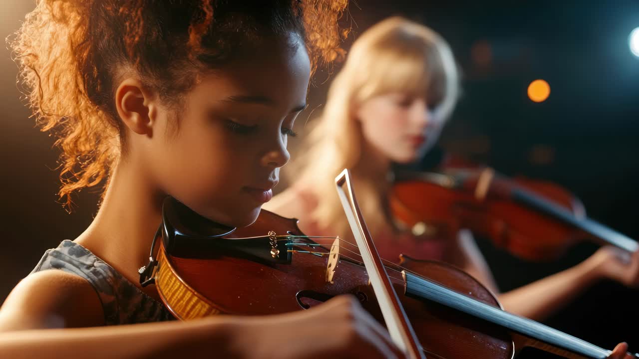 Close-up video still of two young violinists playing passionately on stage, with a soft focus