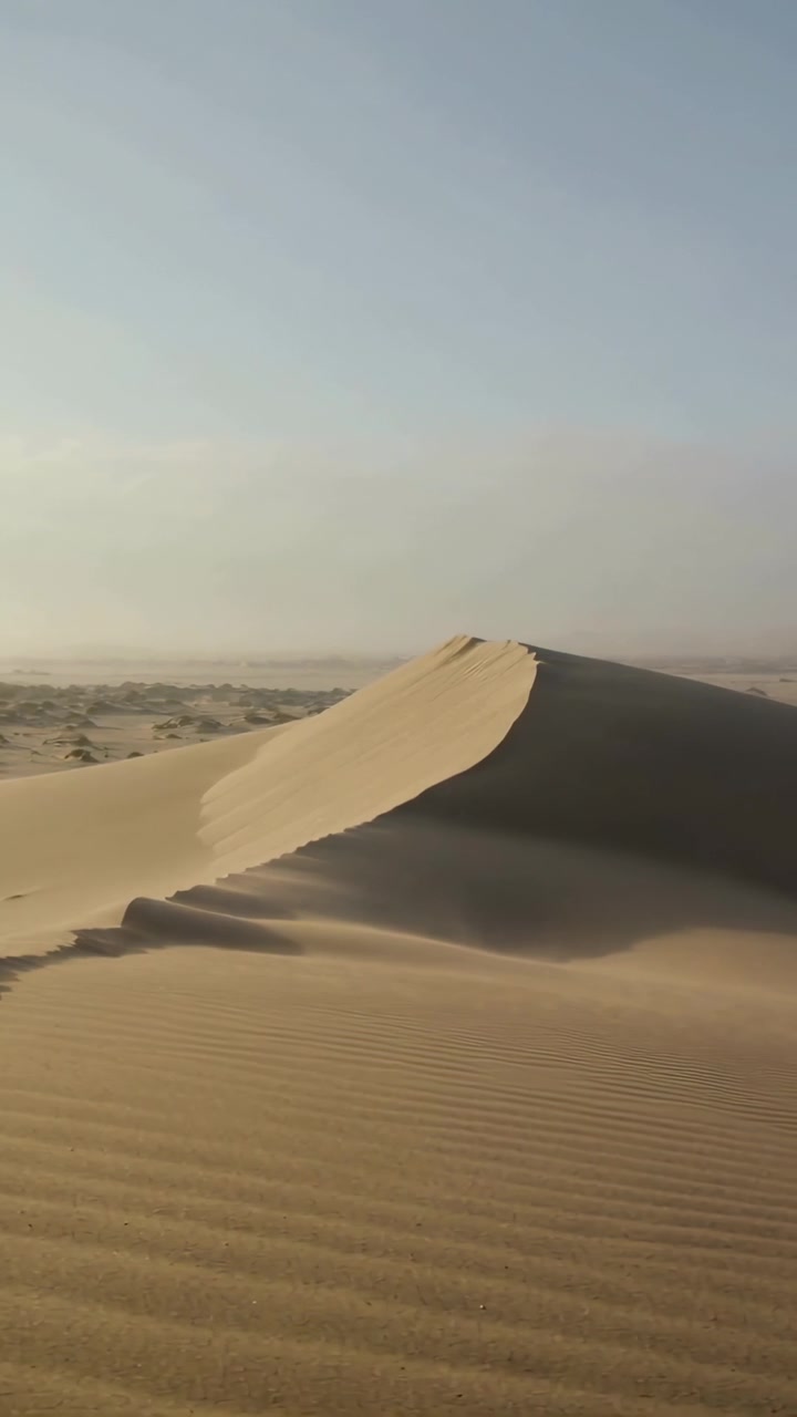 Video verticale: Vento che soffia sollevando sabbia lungo la cresta di una duna nel deserto, formando un primo piano increspato.
