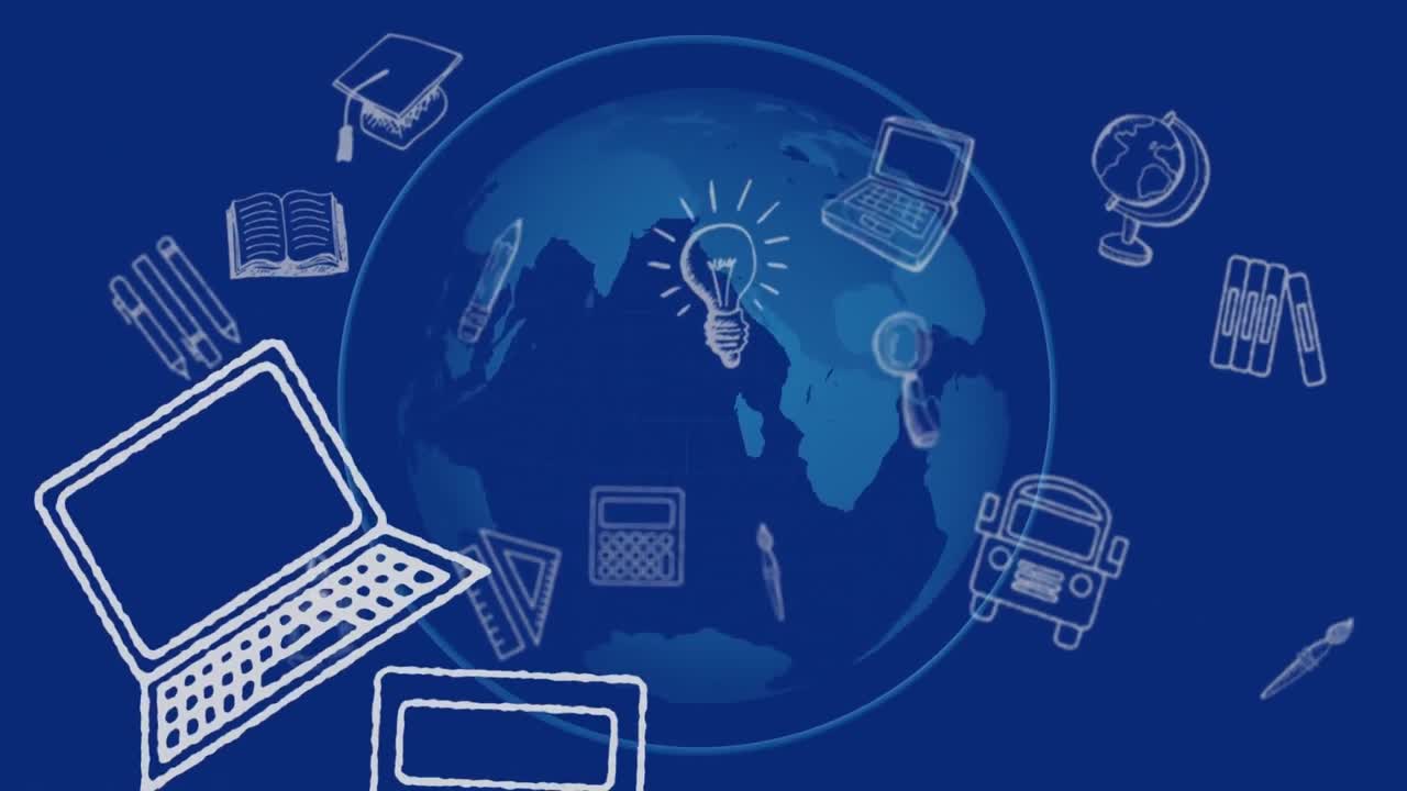 파란색 지구와 파란색 배경 위에 떠있는 학교 아이콘의 애니메이션