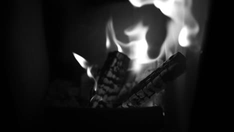 fire crackling and dancing in a wood-burning stove. the flames leap and flicker, casting a warm glow on the surrounding area. captured in black and white.