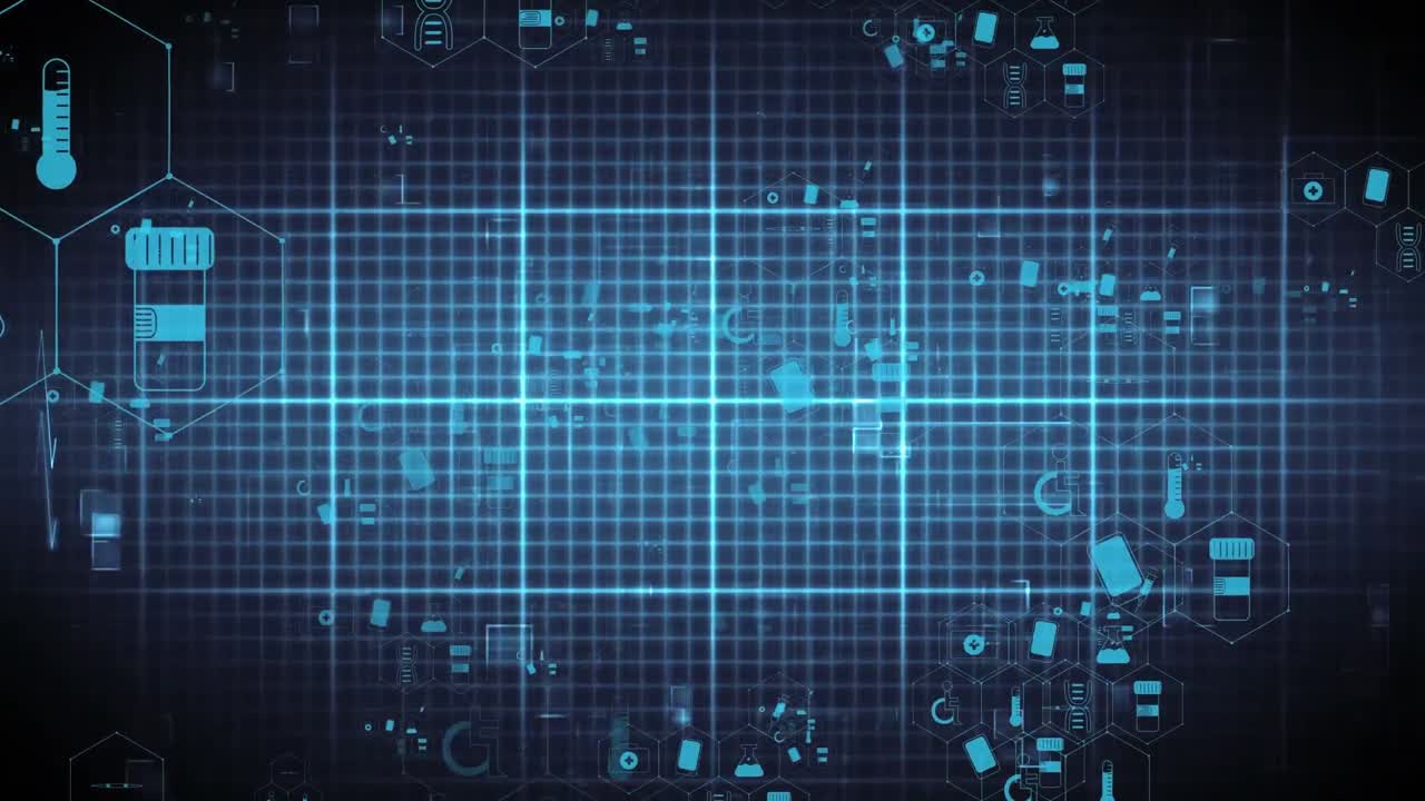 검은색 배경에 의료 아이콘과 데이터 처리를 가진 그리드의 애니메이션