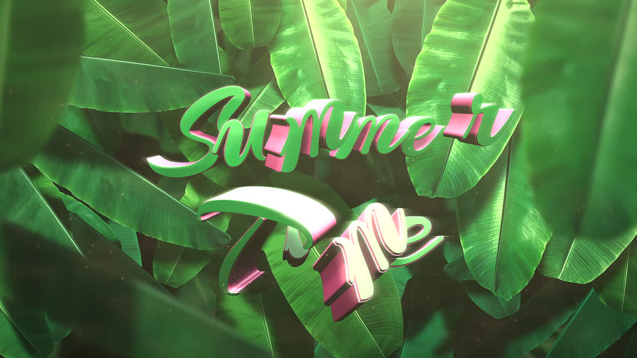 texto animado horario de verano y primer plano de hojas tropicales de árboles