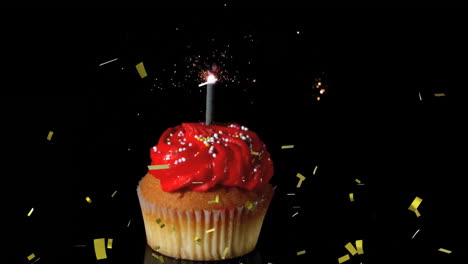 lit candle on cupcake with falling confetti, celebration animation