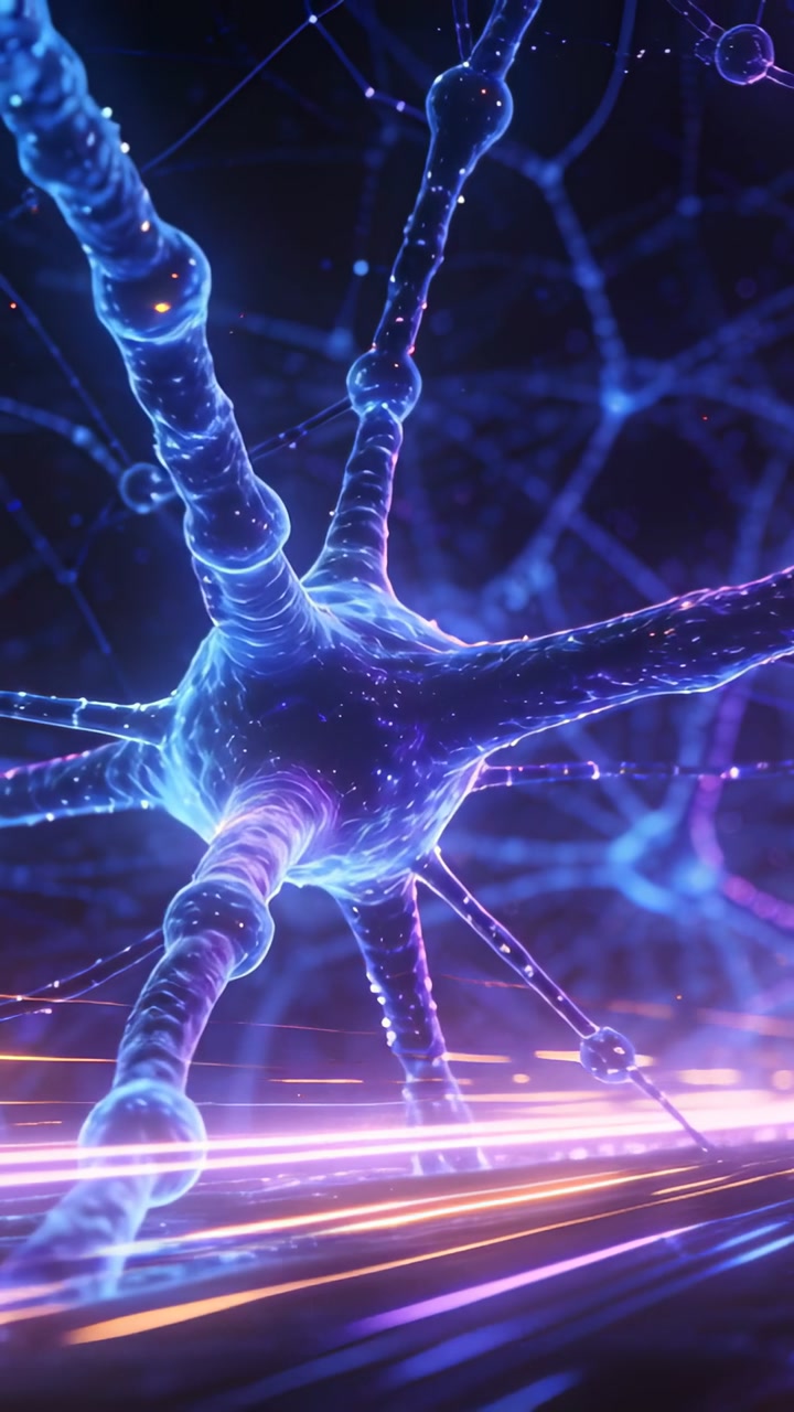Vertical video: Pulsing neuron soma emitting sparks along arms after node flash, signaling in 3D