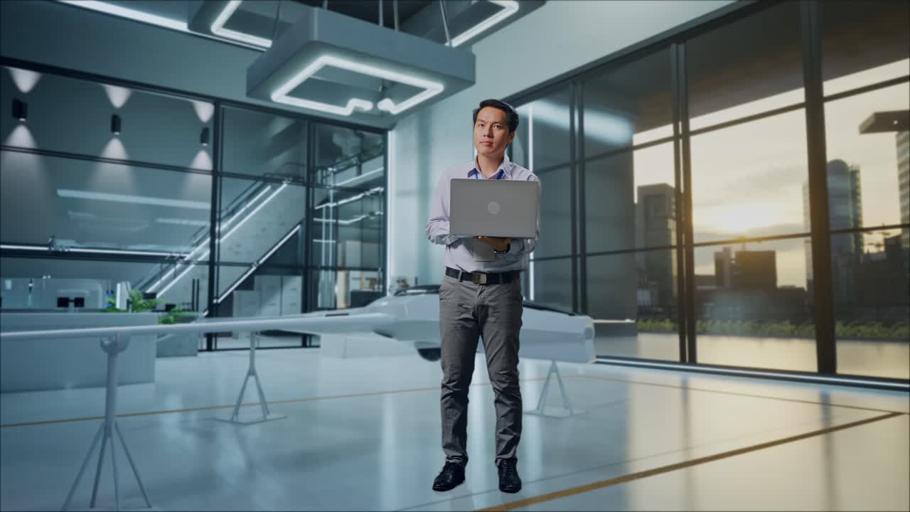 hombre con computadora portátil en una oficina futurista moderna