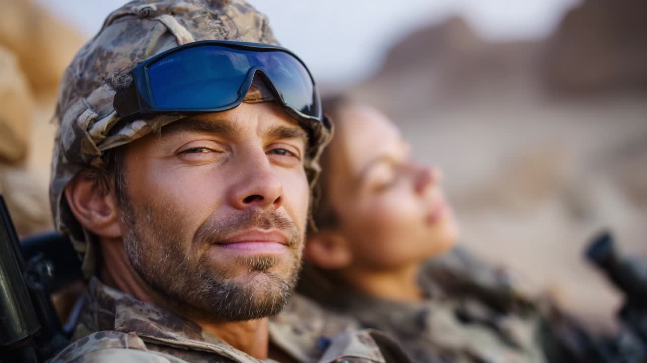 Military Soldiers in Camouflage Gear Taking a Moment of Respite in a Rocky Desert Environment, Capturing the Spirit of Comradeship and Resilience Amidst Nature's Challenges and the Responsibility of Duty