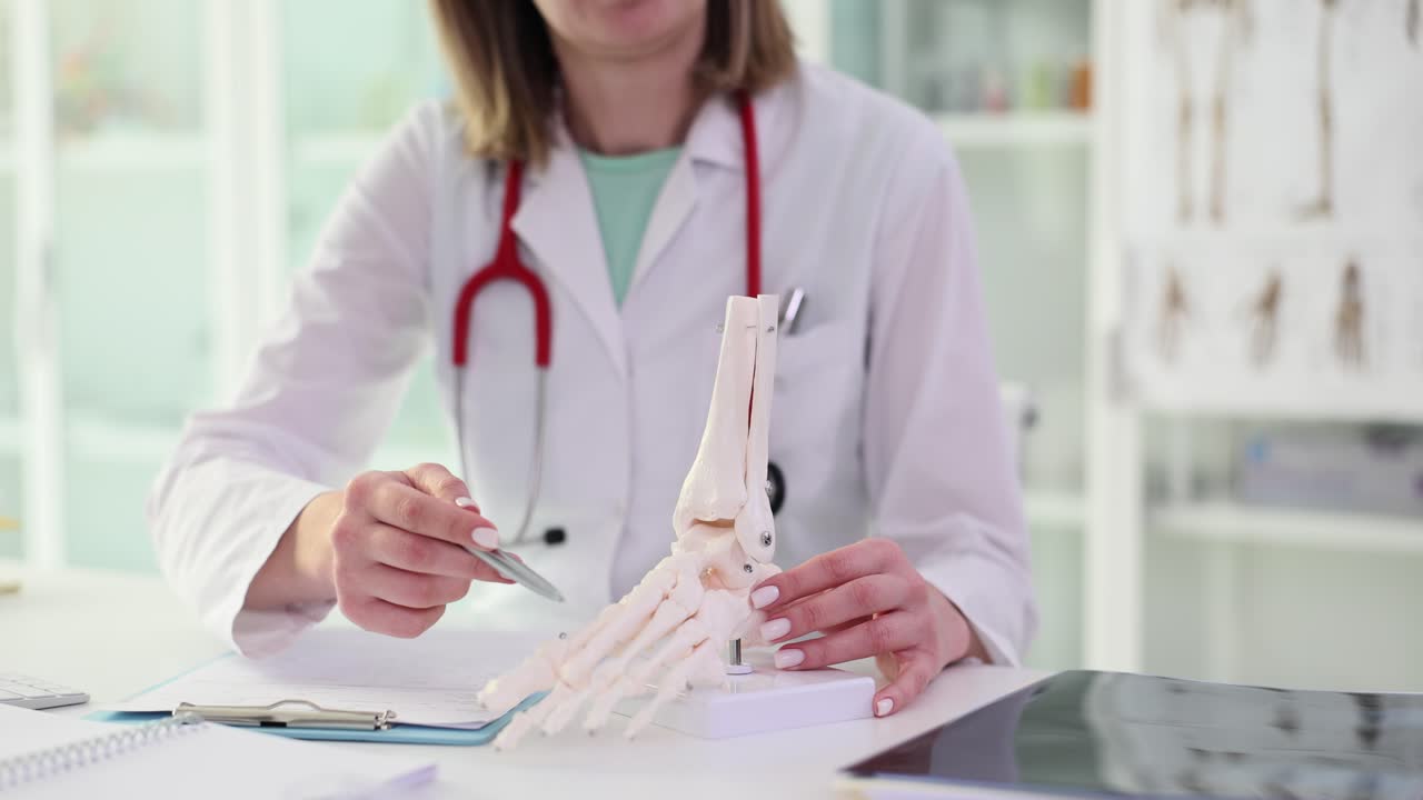 Un medico indica le ossa su un modello artificiale dello scheletro di un piede