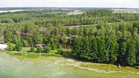 Shoreline-of-lake-Jezioro-Gwiazdy-and-boreal-forest-in-Borowy-Młyn-in-Kashubia,-Pomeranian-Voivodeship,-Poland