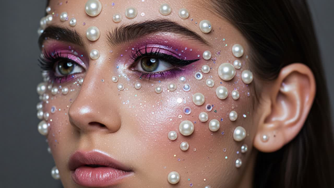 Captivating Close-Up of Artistic Makeup Featuring Pearls and Glitter, Showcasing a Unique Color Palette of Pink and Shimmery Highlights on Model's Face