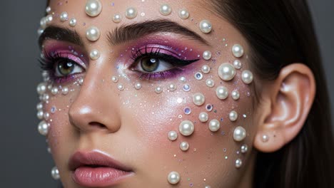 captivating close-up of artistic makeup featuring pearls and glitter, showcasing a unique color palette of pink and shimmery highlights on model's face