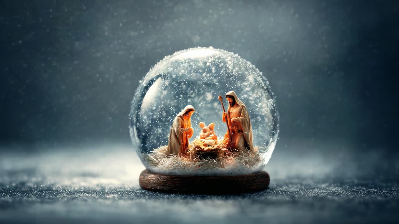 A Beautiful Christmas Nativity Scene Captured Inside a Snow Globe, Featuring Mary, Joseph, and Baby Jesus Surrounded by a Magical Winter Atmosphere