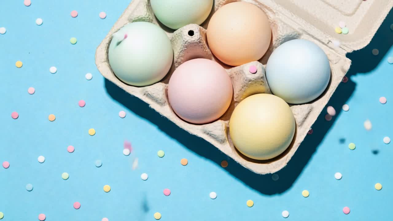 Shifting six-egg carton centering on blue paper after small shift, pastel eggs, confetti, shadow