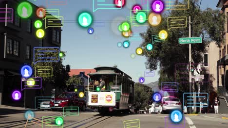 animation of profile and message icons against tram running on the street in the city