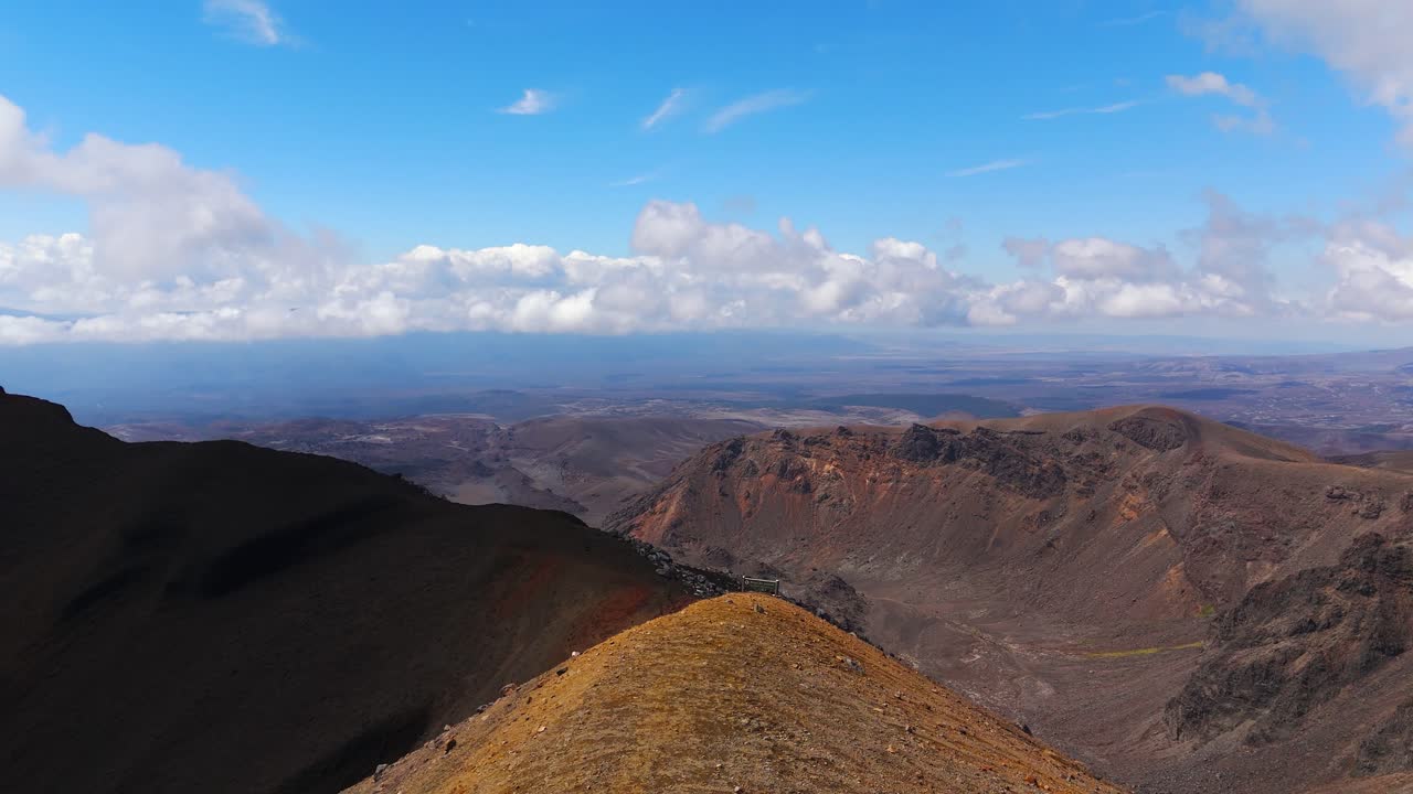 Drone atterra sul paesaggio vulcanico dell'Alpine Crossing e sui laghi craterici, Tongariro, Nuova Zelanda.
