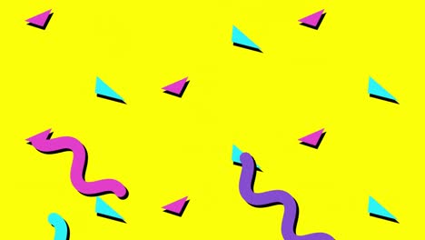 Animation-of-purple,-pink-and-green-squiggles-and-triangles-moving-on-yellow-background