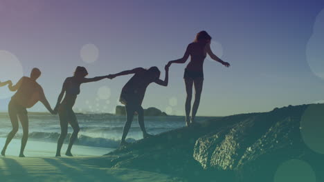 animación de diversos amigos caminando juntos y tomados de la mano