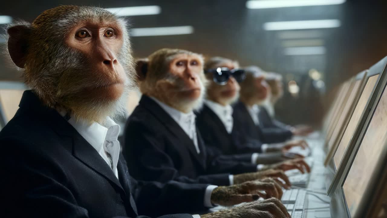 A Unique Team of Monkeys in Business Attire Engaged in Digital Work at Computers, Portraying a Playful Yet Innovative Take on Workplace Dynamics and Technology Interactions