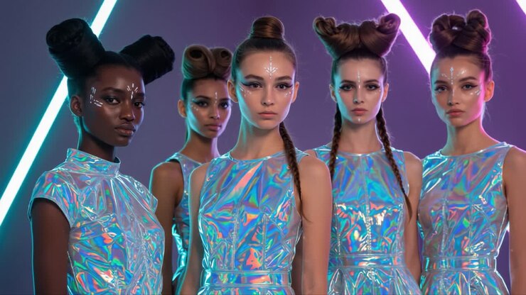 Splendida collezione di modelle di moda futuristica che sfoggiano abiti iridescenti con acconciature uniche in un'ambientazione illuminata al neon visivamente accattivante