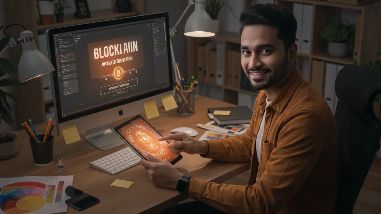 En fokuseret ung mand interagerer med en digital tablet, der viser blockchain-teknologi, mens han sidder ved en velorganiseret arbejdsplads med en computer og designelementer.