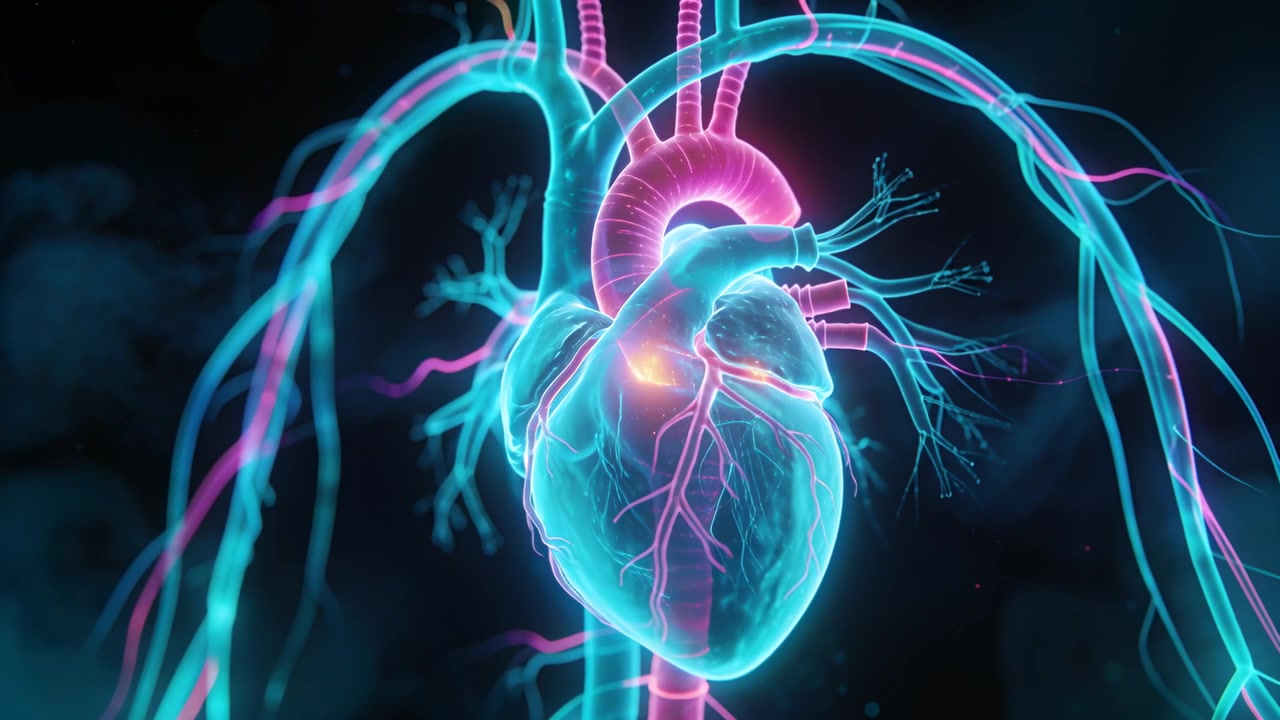 Appare un hotspot, un modello di cuore ruota e pulsa per evidenziare i vasi dell'arco aortico in uno studio buio.