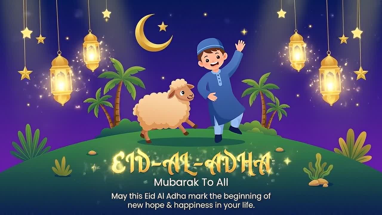 Auguri animati per Eid Al Adha con un ragazzo che alza le mani accanto a una pecora sotto lanterne e un cielo notturno con luna crescente.