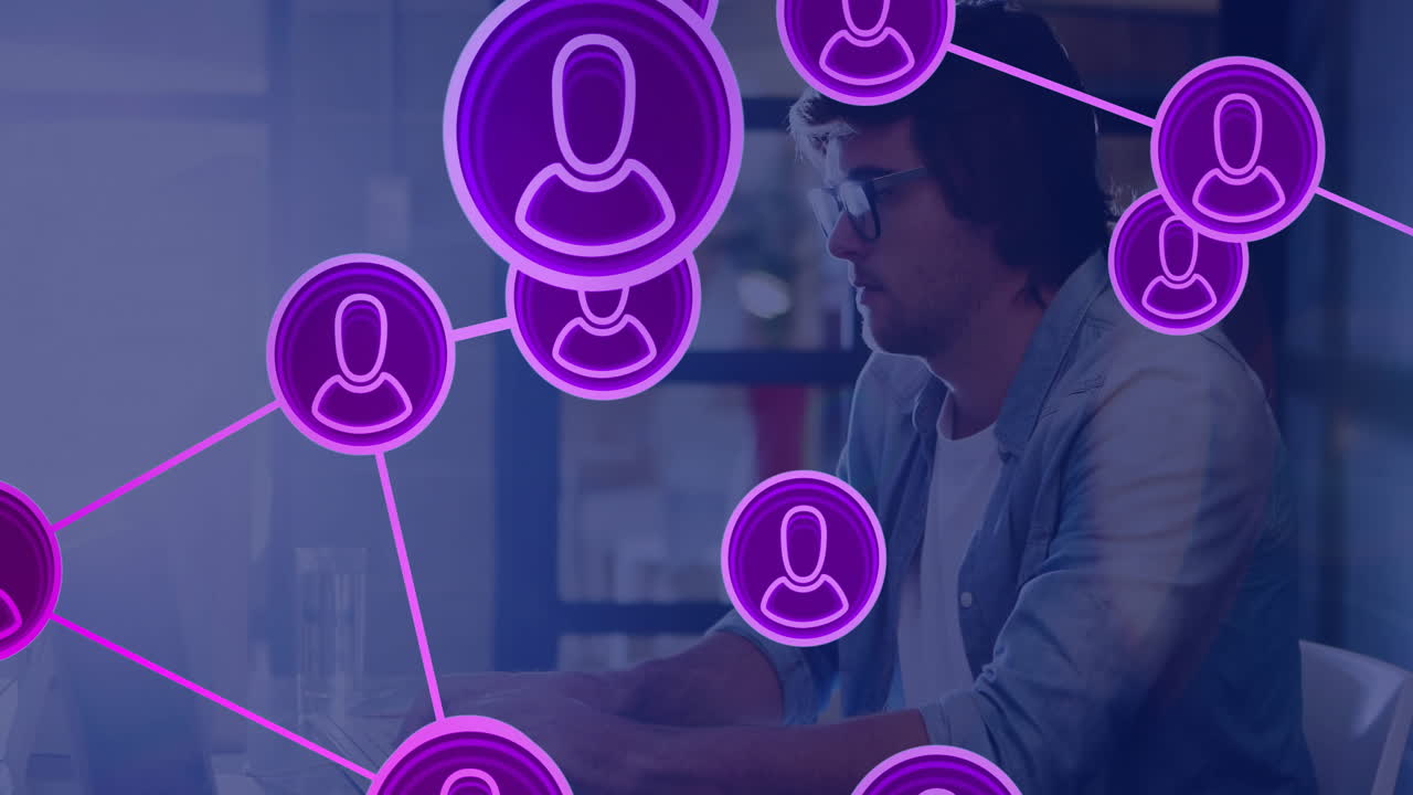 animación de la red de conexiones con la gente íconos sobre empresario caucásico en la oficina