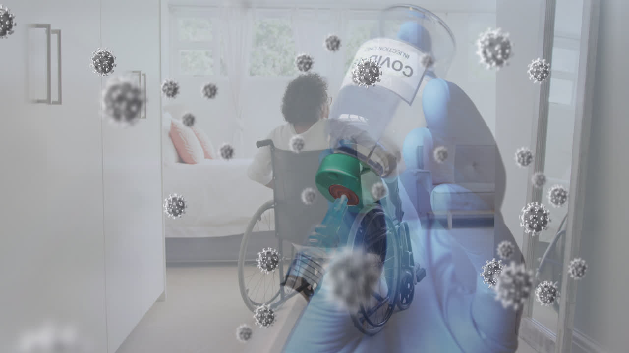 인체 모델 위에 떨어지는 코로나19 세포의 애니메이션