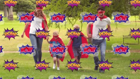 wow and pow text on speech bubble against family in superhero costume running in the garden