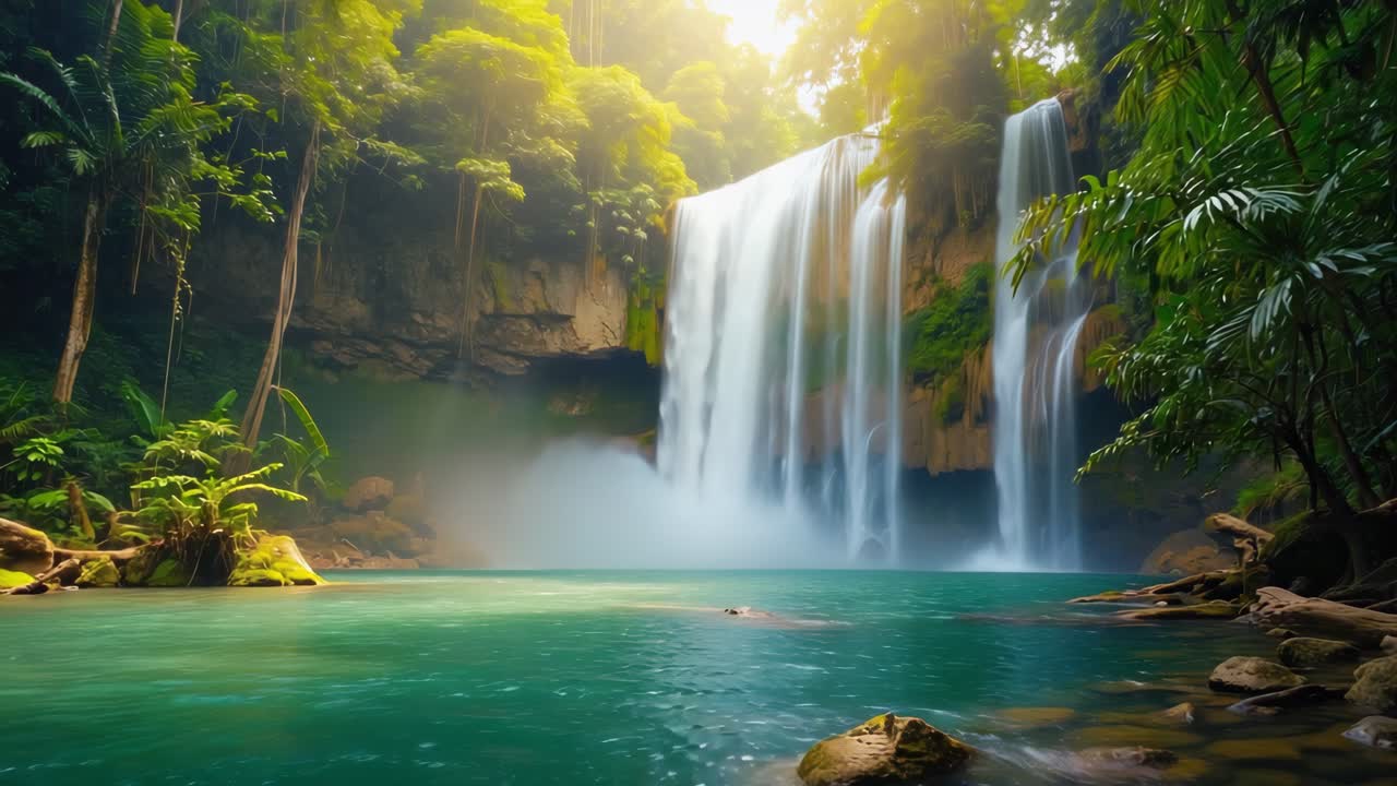 Sunlight filtering through the dense canopy highlights a breathtaking waterfall cascading into a vibrant turquoise pond, surrounded by lush tropical vegetation