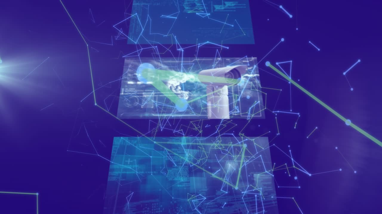 Animation of network of connections over data processing on black background