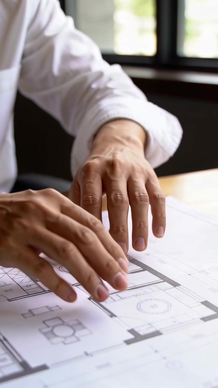 Vertical video: Preparing to review, man rolling white shirt sleeves, smoothing floor plan at desk
