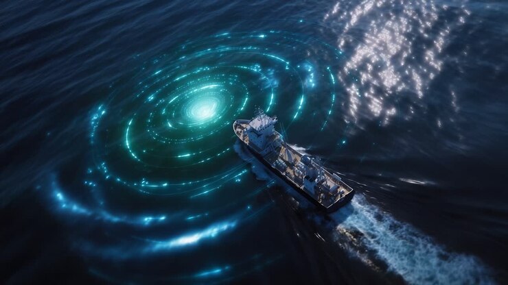 Una nave naviga verso un vortice luminoso e turbinante in acque oceaniche scure. Il vortice emette energia radiante blu-verde, creando un'atmosfera inquietante e misteriosa. L'imbarcazione si muove costantemente.