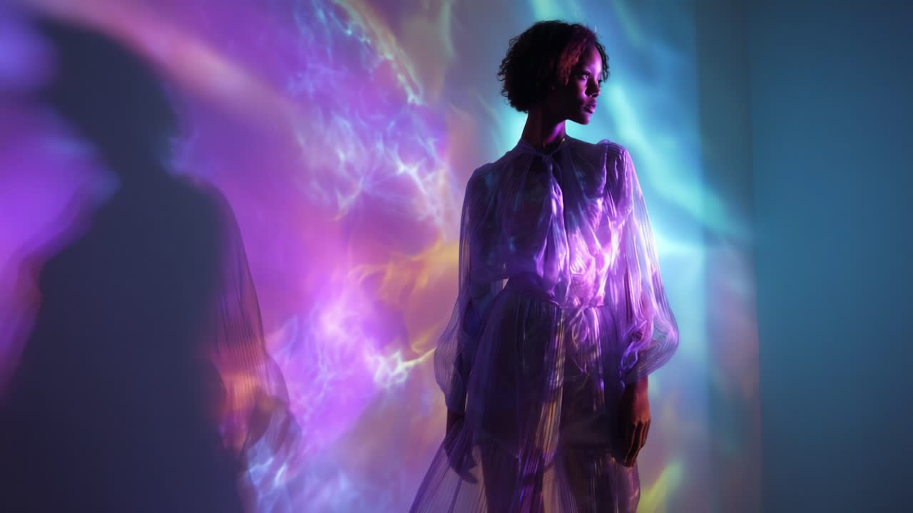 A Striking Visual Display of Light and Color Surrounds a Silhouetted Figure, Creating a Stunning Contrast Between Shadow and Radiance in a Captivating Artistic Setting