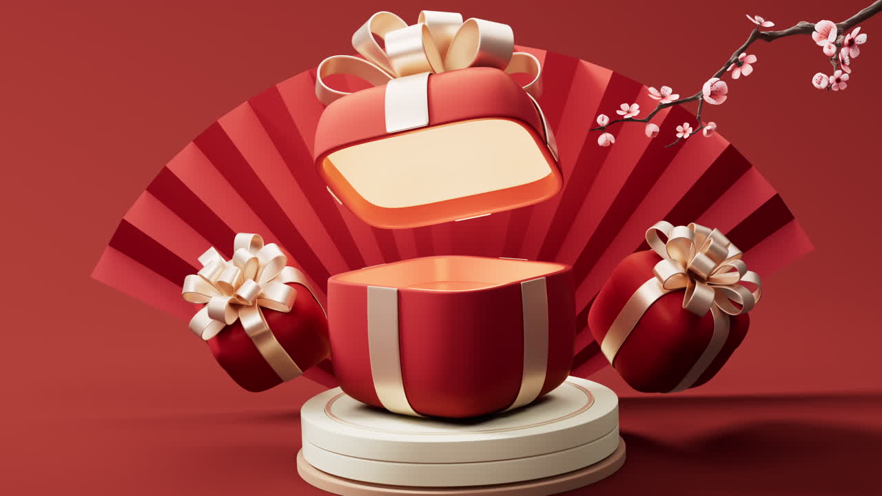 Scatola regalo con sfondo di ventaglio cinese antico rosso, rendering 3D