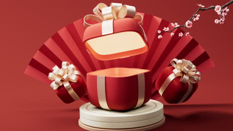 gift box with red chinese ancient fan background, 3d rendering.