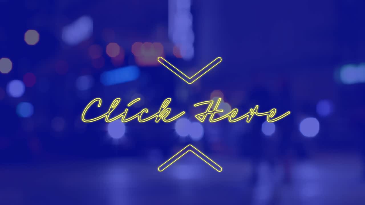 animación de clic aquí texto sobre el paisaje urbano por la noche sobre fondo azul