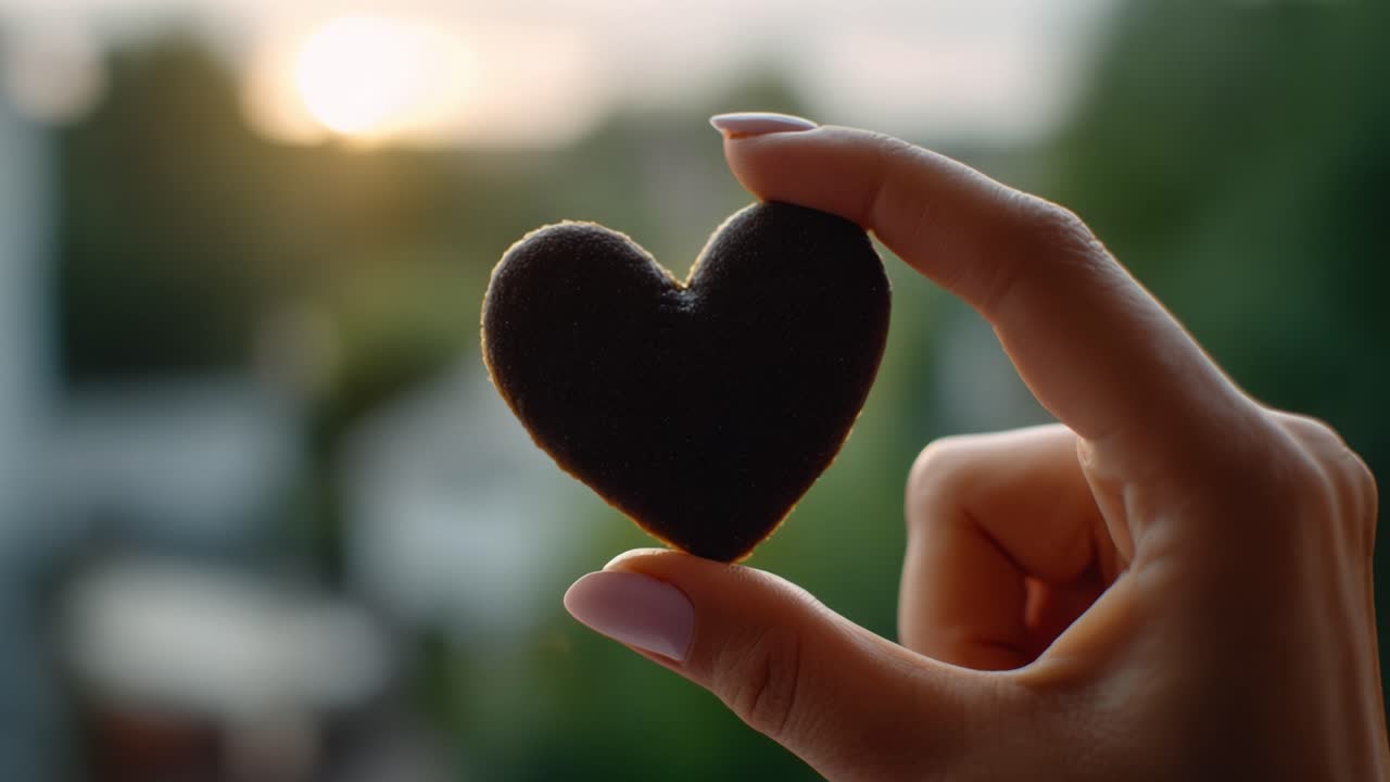 Una mano sosteniendo una galleta con forma de corazón con un fondo de atardecer, capturando un momento de afecto y dulzura en una suave luz vespertina