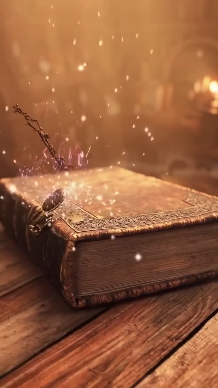 Mysteriöses altes Buch mit verziertem Verschluss, das sich öffnet und Magie ausstrahlt