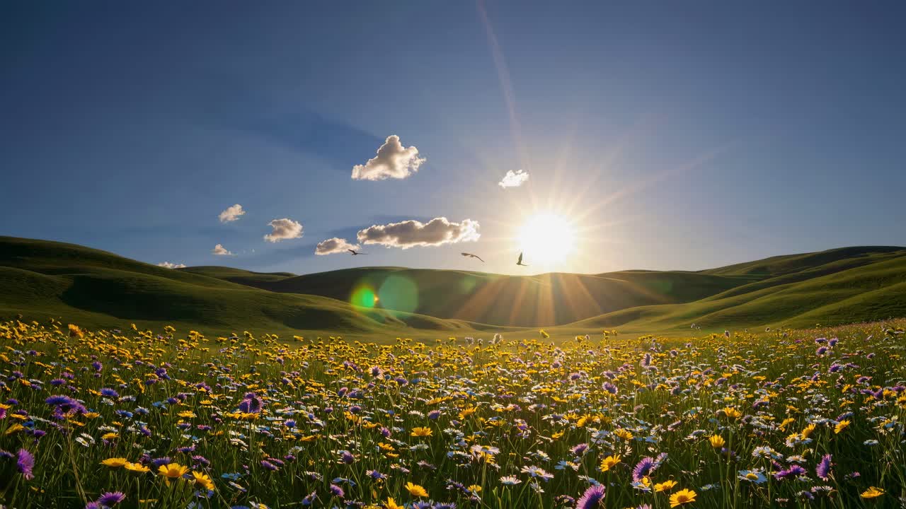 Wide-angle video captures a vibrant meadow at sunrise, with colorful wildflowers in the foreground