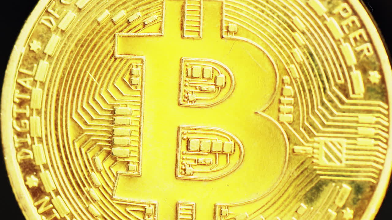 Close up macro golden bitcoin crypto currency blockchain