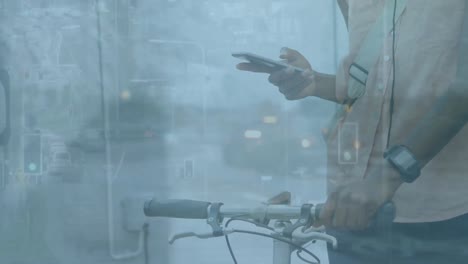animation of cars on street over african american man using smartphone