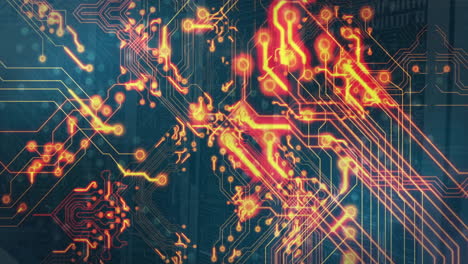 Animation of digital data processing and circuit board over computer servers