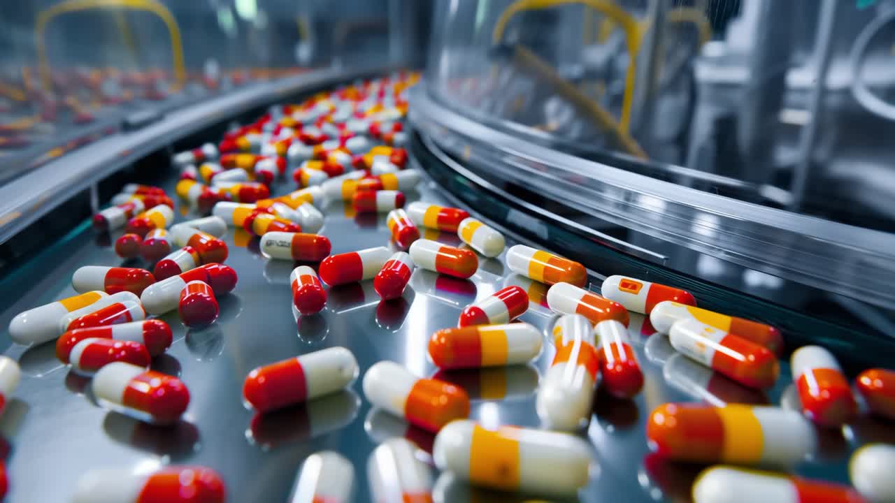 Pharmaceutical machinery systematically producing colorful medical capsules, moving along automated conveyor belt within sterile manufacturing environment