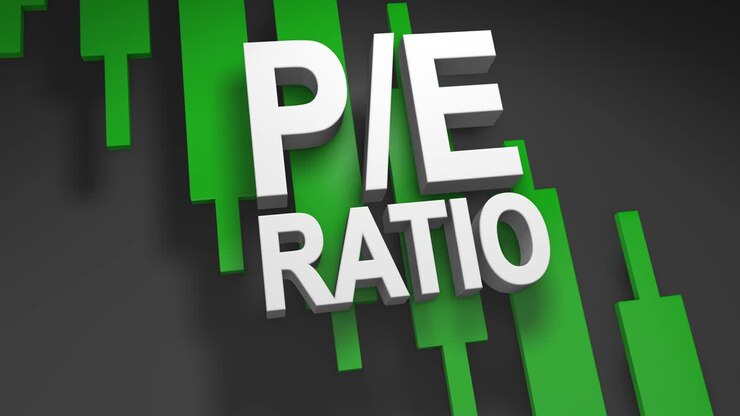 P/E ratio, price to earnings ratio 3D title animation for stock market