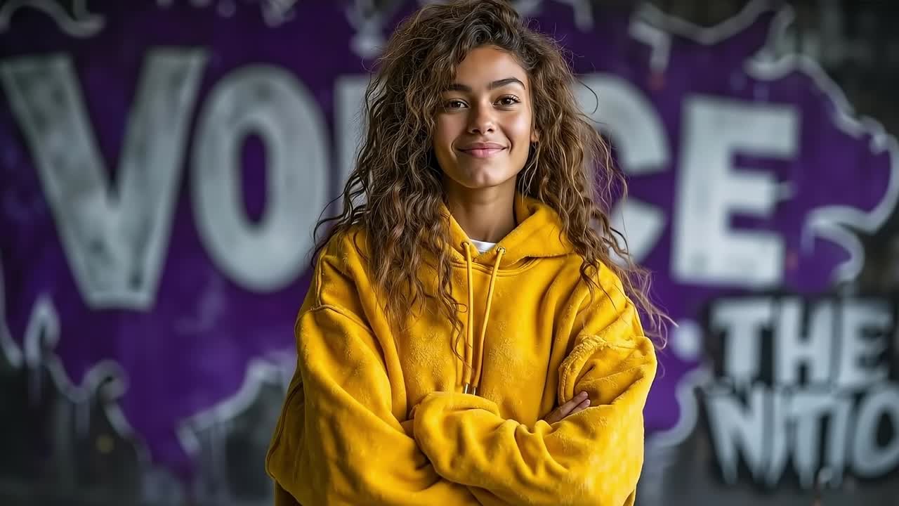 A woman in a yellow hoodie standing in front of a graffiti wall