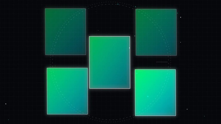 Abstract Motion Graphics with Floating Green Rectangles on Dark Grid Background