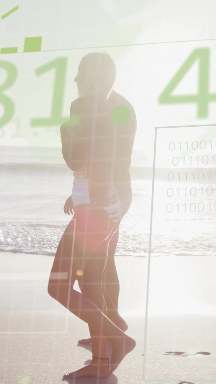 Vidéo verticale : Femme marchant sur le rivage, un homme la rejoignant et synchronisant leurs pas, un affichage tête haute (HUD) vert se superposant pour la technologie.