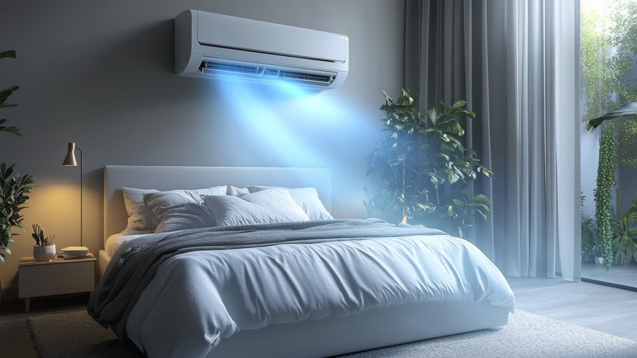 Cozy AC bedroom in use. A modern bedroom showcases an air conditioning unit providing cool air on a warm day, enhancing comfort and relaxation.