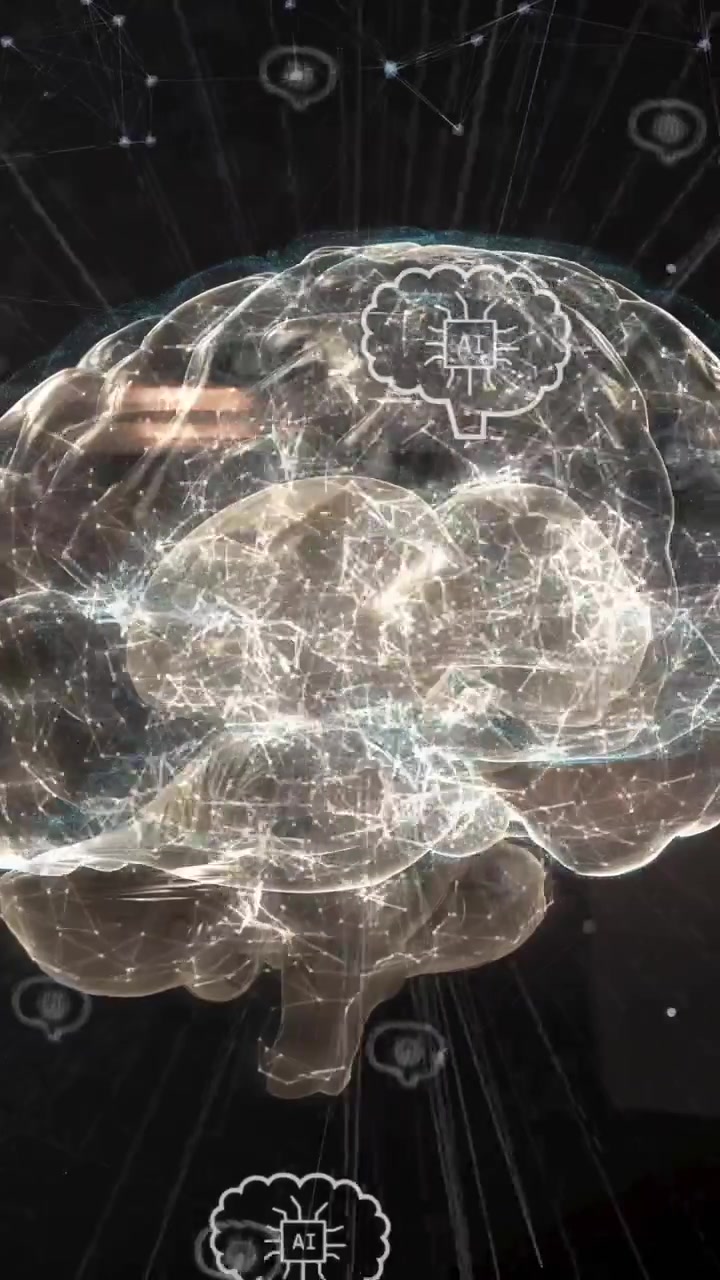 Animazione di una rete di connessioni con cervelli e testi AI su un cervello
